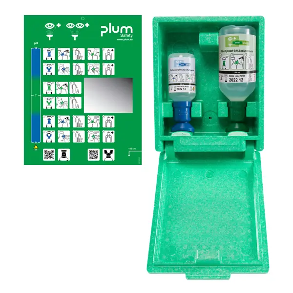 Plum Augenspülbox pH Neutral Wandbox mit zwei Flaschen Augenspül-Wandbox mit 1 x 200 ml pH Neutral und 1 x 500 ml Augenspüllösung