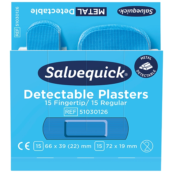 Salvequick Pflasterstrips Blue Detectable Refill Blue Detectable Pflastermix Fingerkuppe/Normal, wasserabweisend | 66 x 39 mm und 72 x 19 mm | 10 x (6 x 30 Stück)